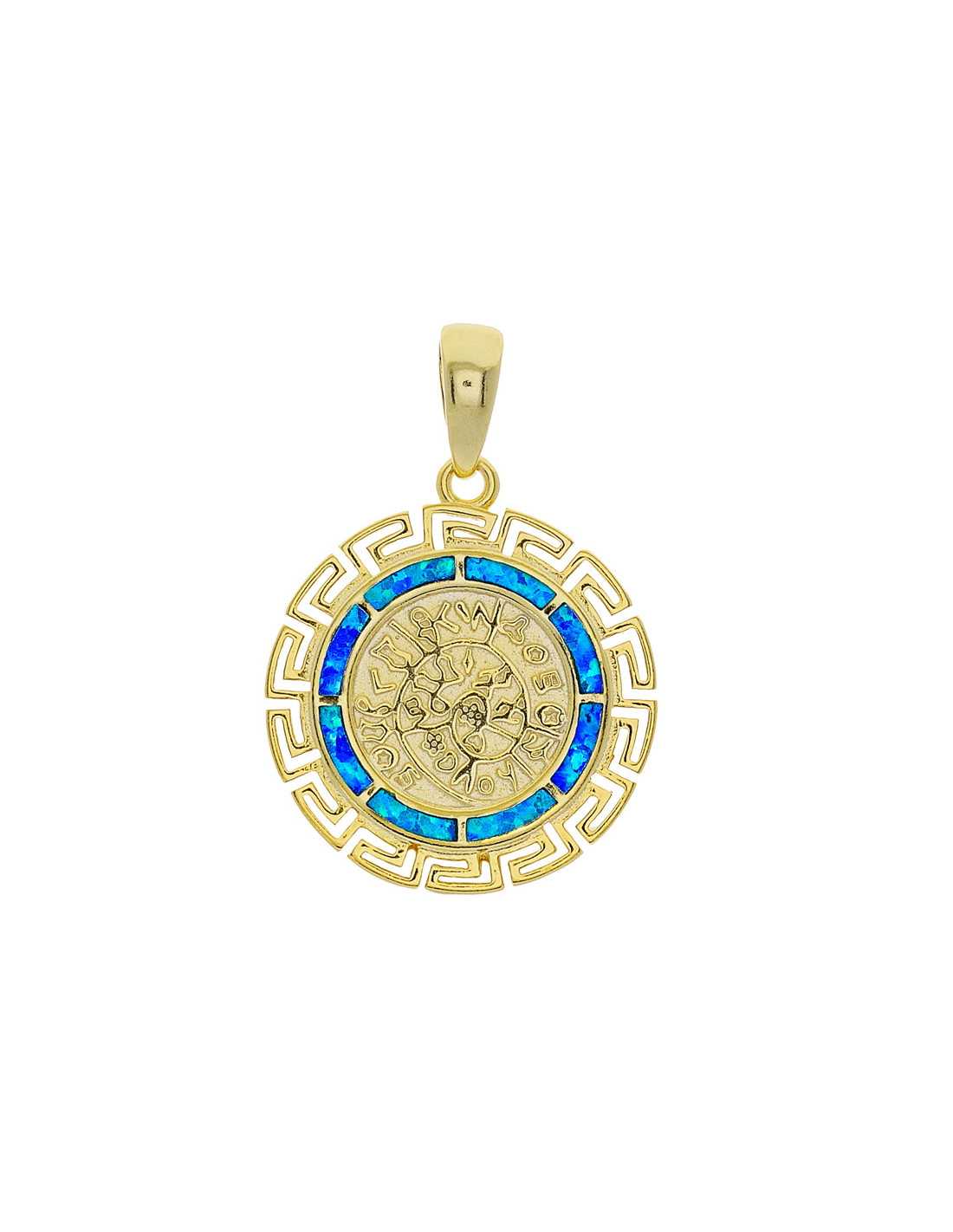 Phaistos Disc   Gaia Smykke Vedhæng Med Blå Opal Sten  925 Sterling Sølv   Guldbelægning