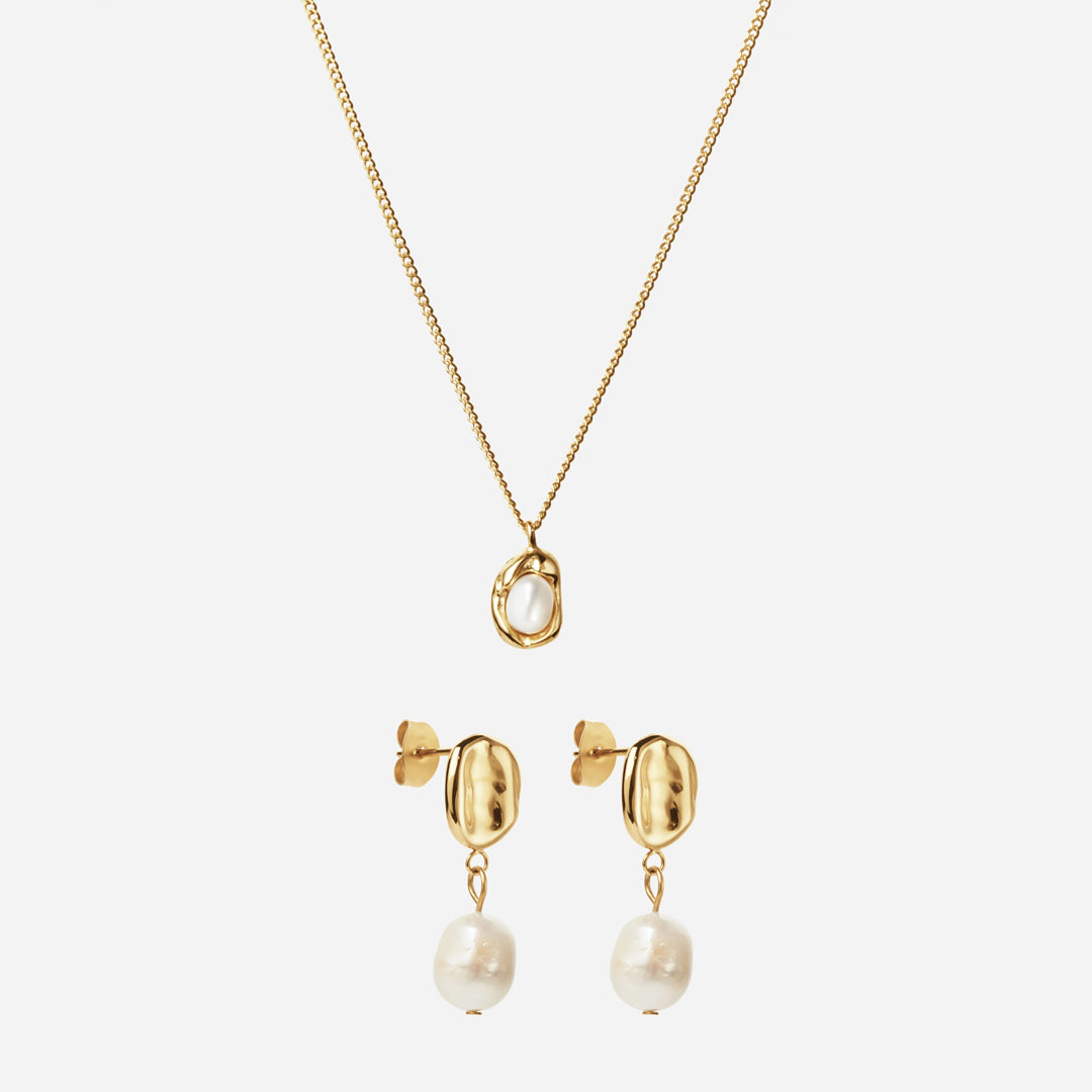 Melted Perlehalskæde   Melted Drop Perleøreringe 18k Guldbelagt