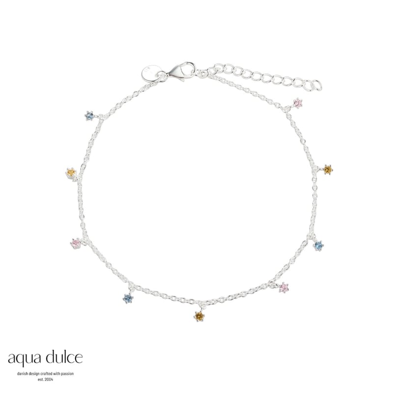 Pastel Anklet  Ankelkæde   Sterling Sølv Med Små Zirkoniavedhæng   Rosa  Gul   Lyseblå  22