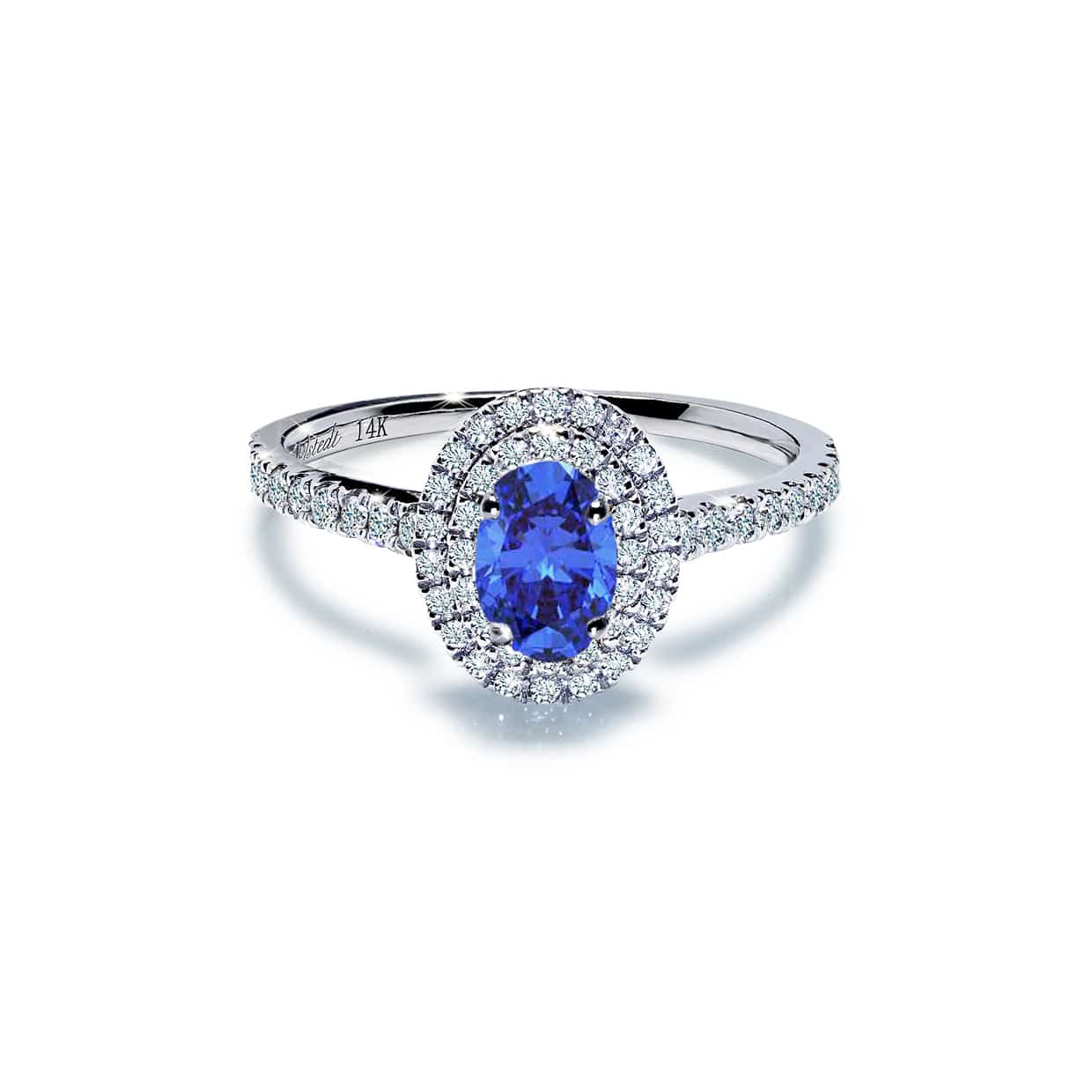 Winston Forlovelsesring Med Blå Oval Safir Og Dobbelt Diamant Halo