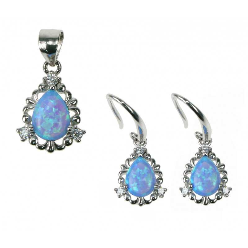 Dråbe Opal Smykkesæt Med øreringe Og Vedhæng Med Blå Opal Sten  925 Sterling Sølv  Zirkonia   Rhodium Belægning
