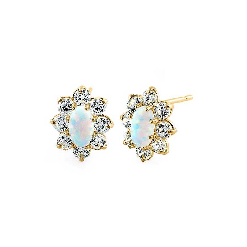 Oval Massiv 14k Guldsmykke øreringe Hvid Opal Sten Og Zirkonia