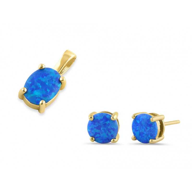 Oval Opal Smykkesæt Med øreringe Og Vedhæng Med Blå Opal Sten  925 Sterling Sølv   Guldbelægning