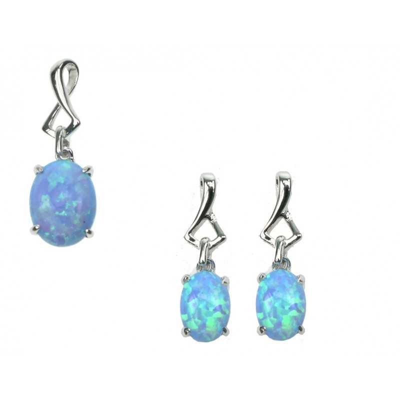 Oval Opal Smykkesæt Vedhæng   øreringe Med Blå Opal Sten  925 Sterling Sølv Og Rhodium Belægning