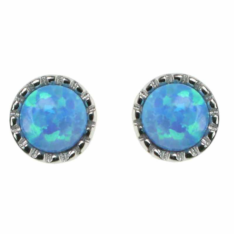 Rund Opal øreringe Med Blå Opal Sten  925 Sterling Sølv Og Rhodium Belægning