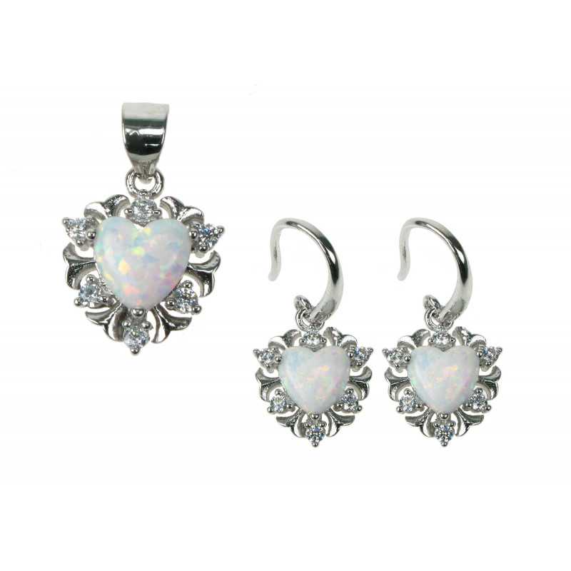 Sne Opal Hjerte Smykkesæt Med øreringe   Vedhæng Med Hvid Sne Opal Sten  925 Sterling Sølv  Zirkonia   Rhodium Belægning